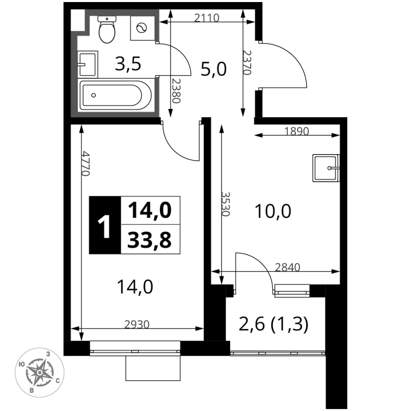 1 ккв 33,8 м²