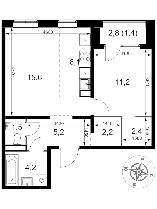 2 ккв (Евро) 49,8 м²