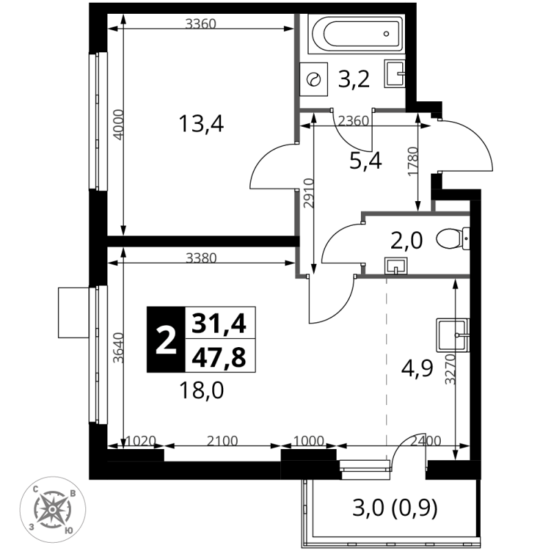 2 ккв (Евро) 47,8 м²