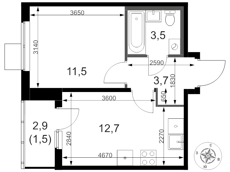 1 ккв 33,5 м²