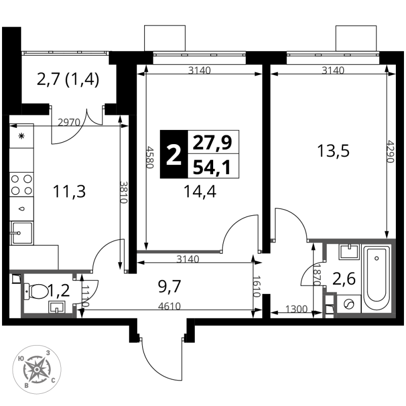2 ккв 54,1 м²