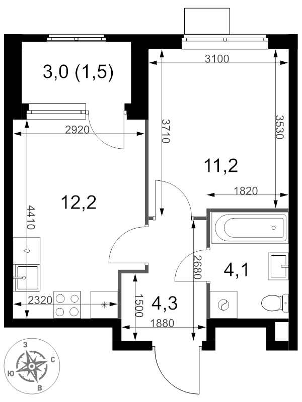 1 ккв 33,3 м²