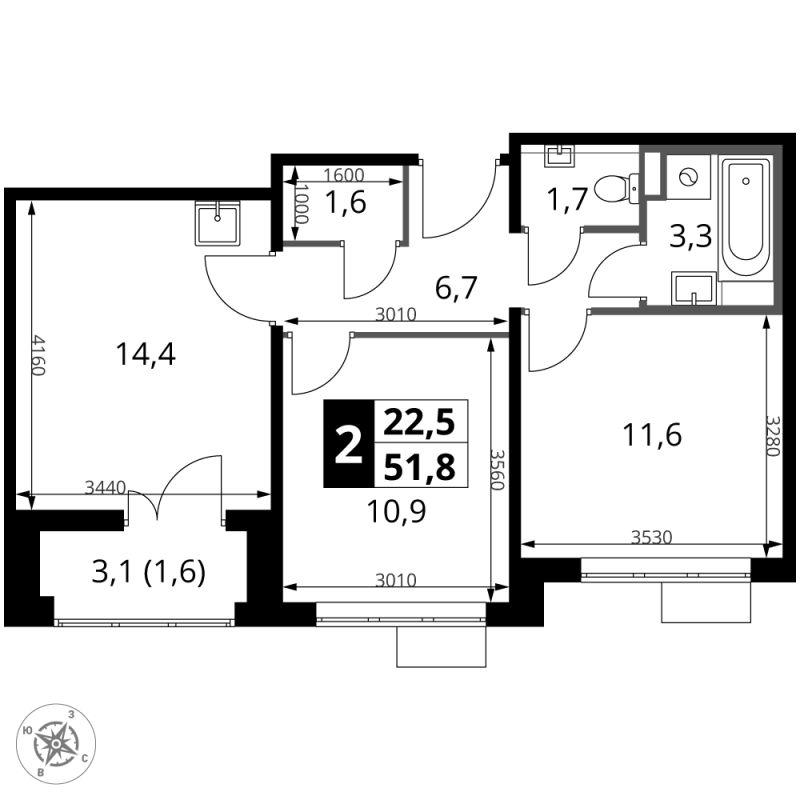 2 ккв 51,8 м²