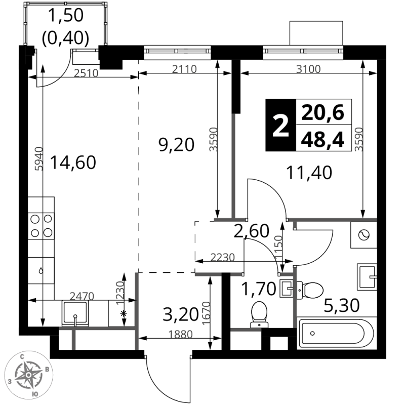 2 ккв (Евро) 48,4 м²
