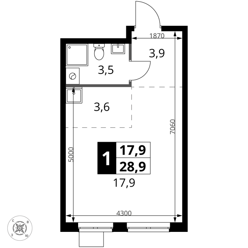 Студия 28,9 м²
