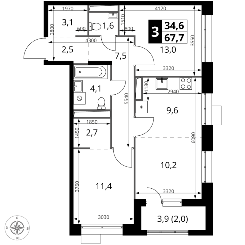 3 ккв (Евро) 67,7 м²