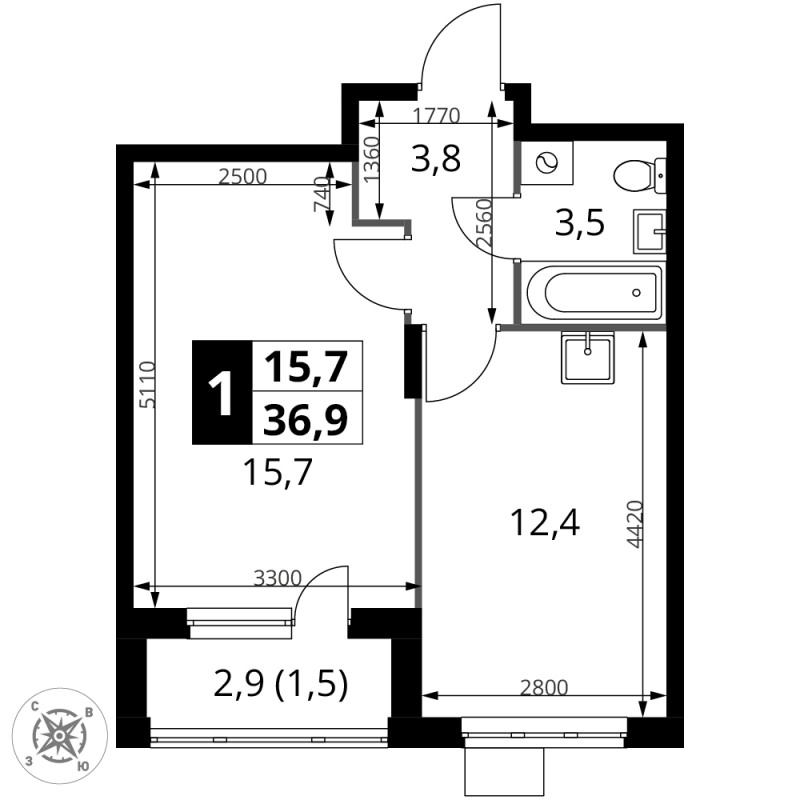 1 ккв 36,9 м²