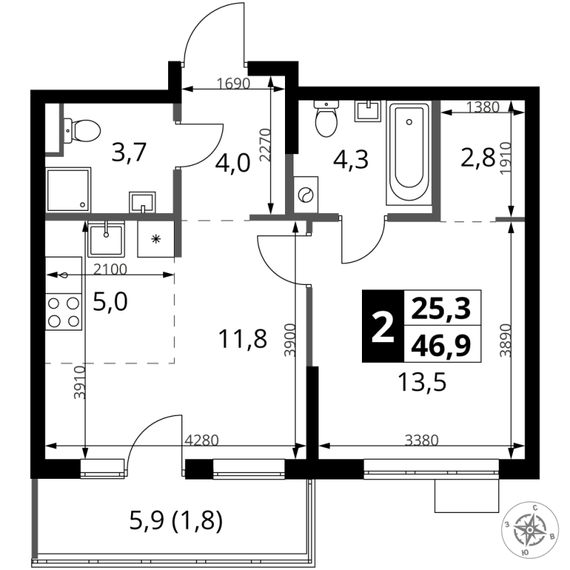 2 ккв (Евро) 46,9 м²