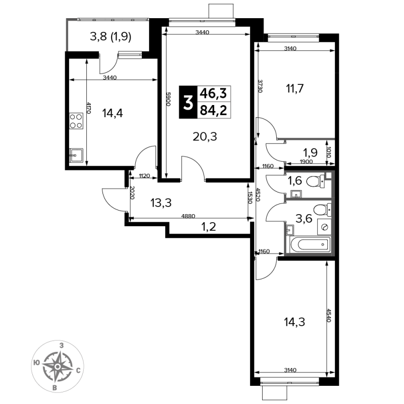 3 ккв 84,2 м²