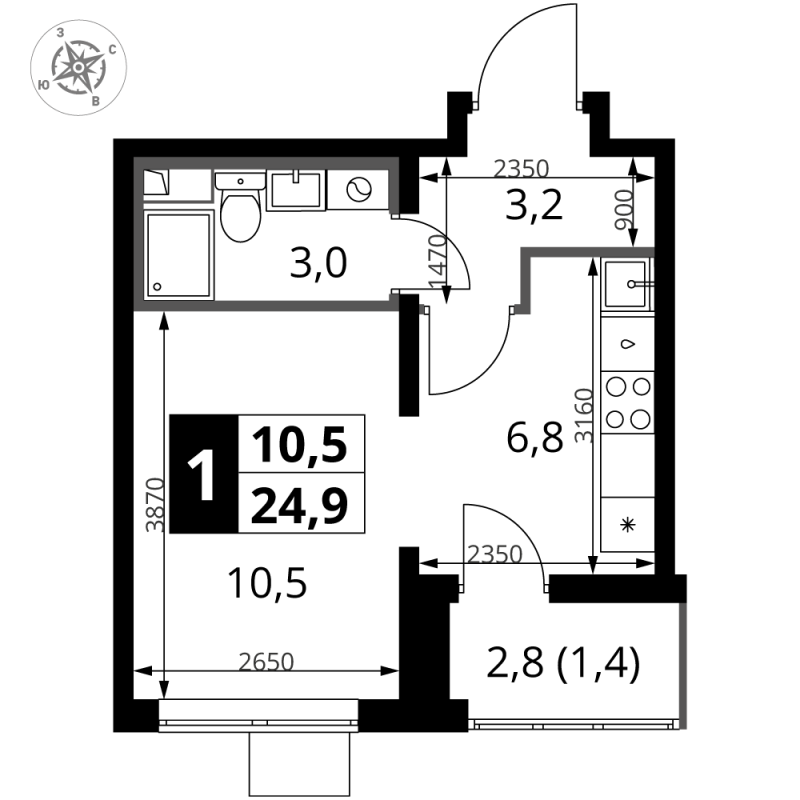 Студия 24,7 м²