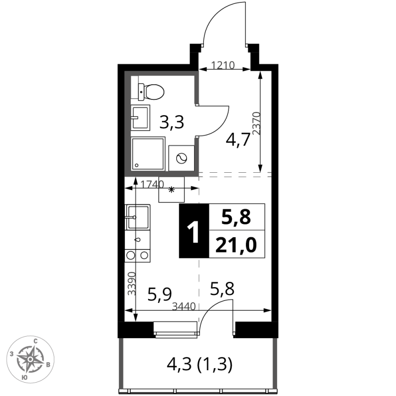 Студия 21 м²
