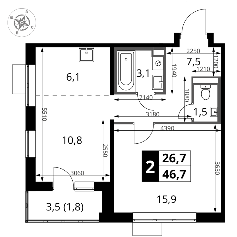 2 ккв (Евро) 46,7 м²