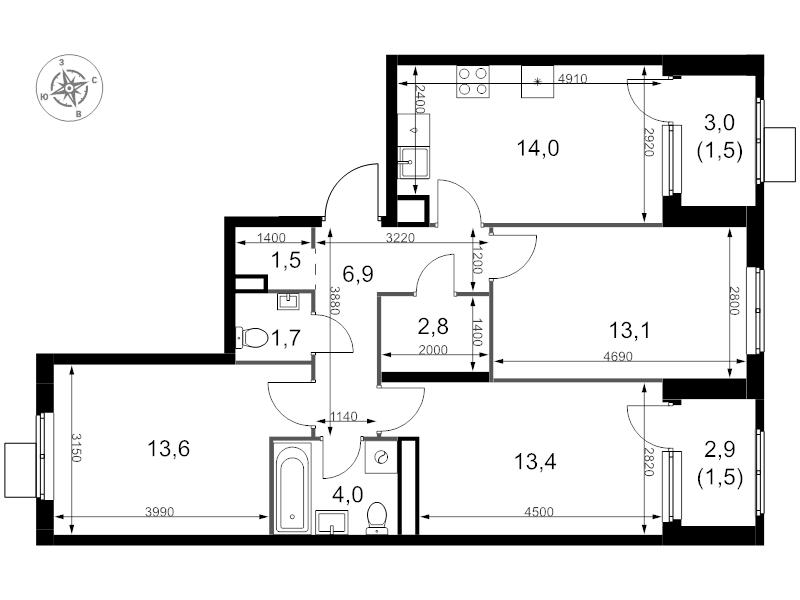 3 ккв 74 м²