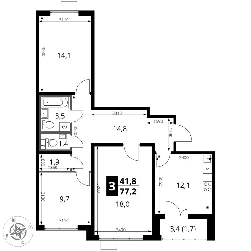 3 ккв 77,4 м²