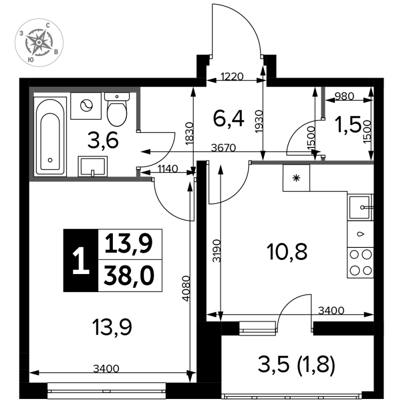 1 ккв 38,4 м²