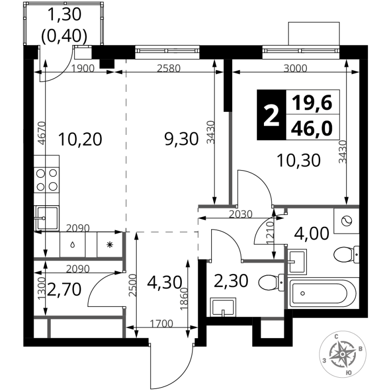 2 ккв (Евро) 45,5 м²