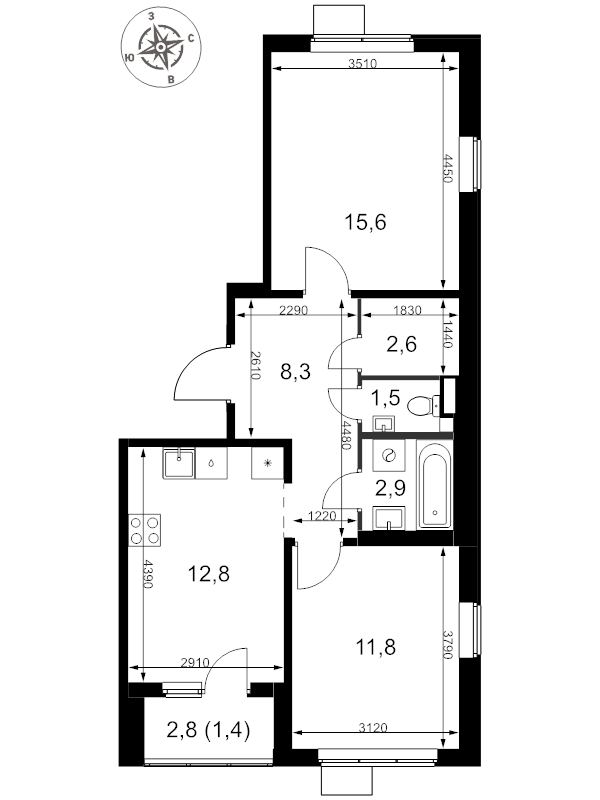 2 ккв 56,9 м²