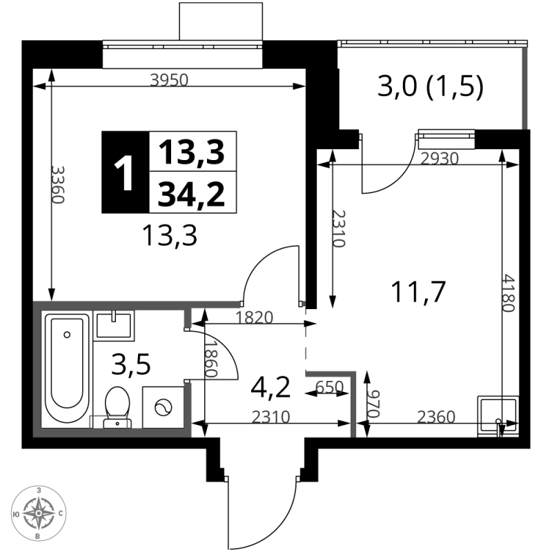 1 ккв 34,2 м²
