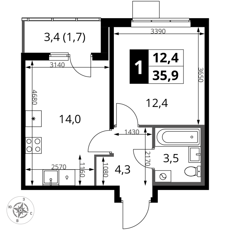1 ккв 35,9 м²
