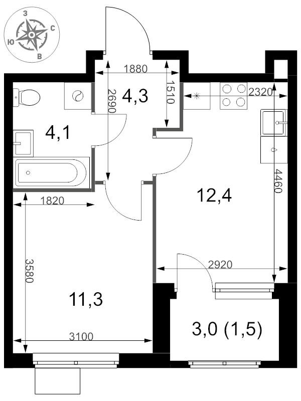 1 ккв 33,6 м²