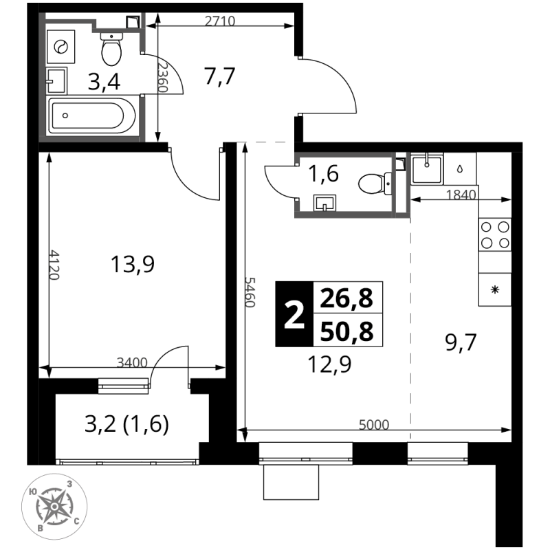 2 ккв (Евро) 50,8 м²
