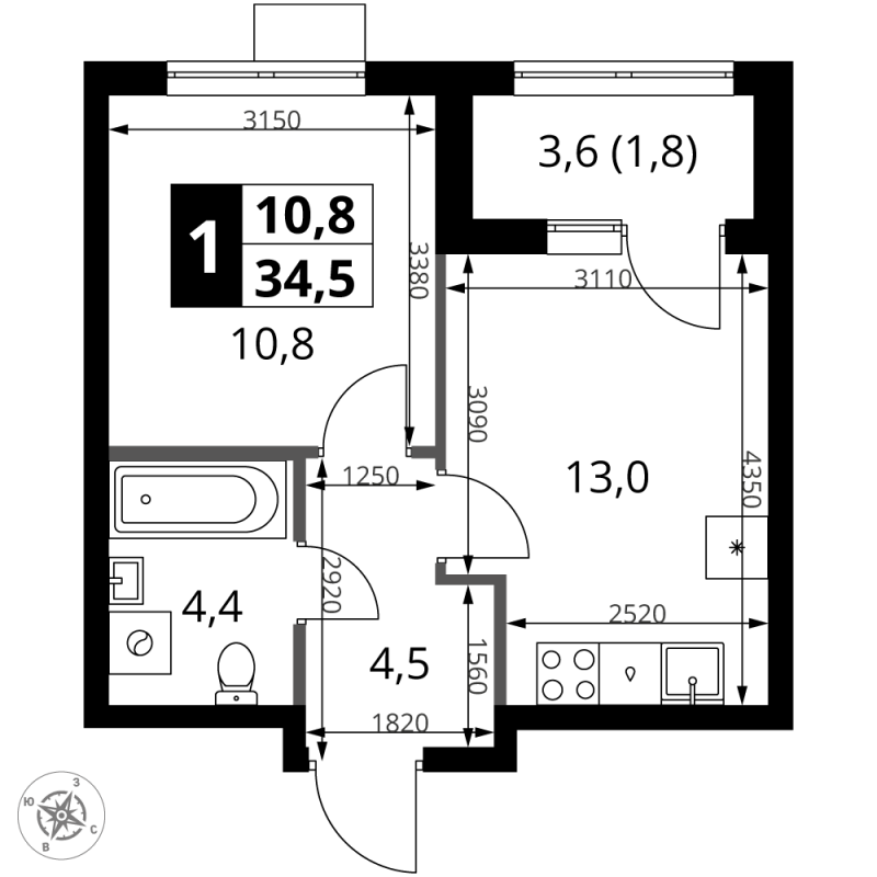 1 ккв 34,5 м²
