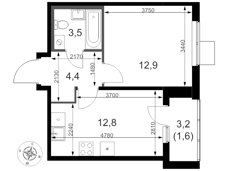 1 ккв 35,8 м²