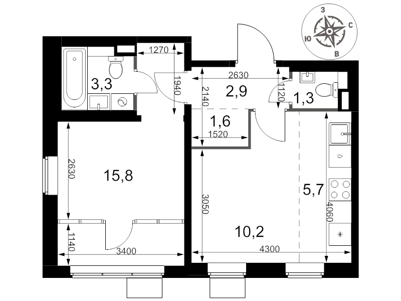 2 ккв (Евро) 40,8 м²