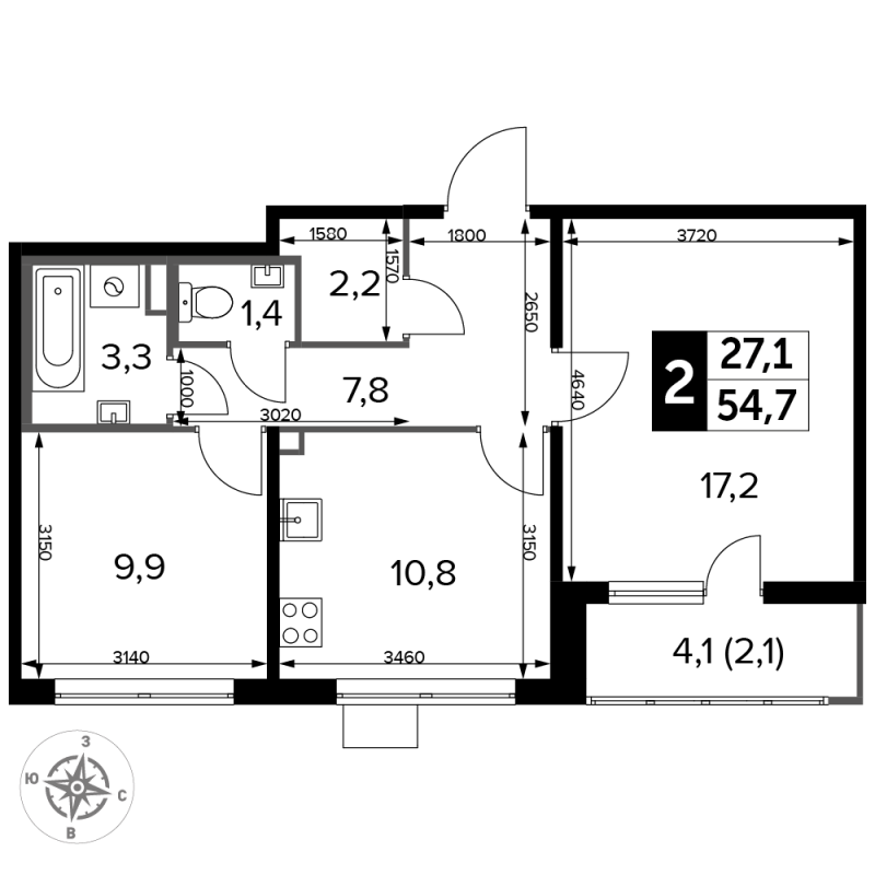 2 ккв 54,6 м²