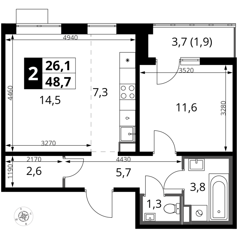 2 ккв (Евро) 48,7 м²