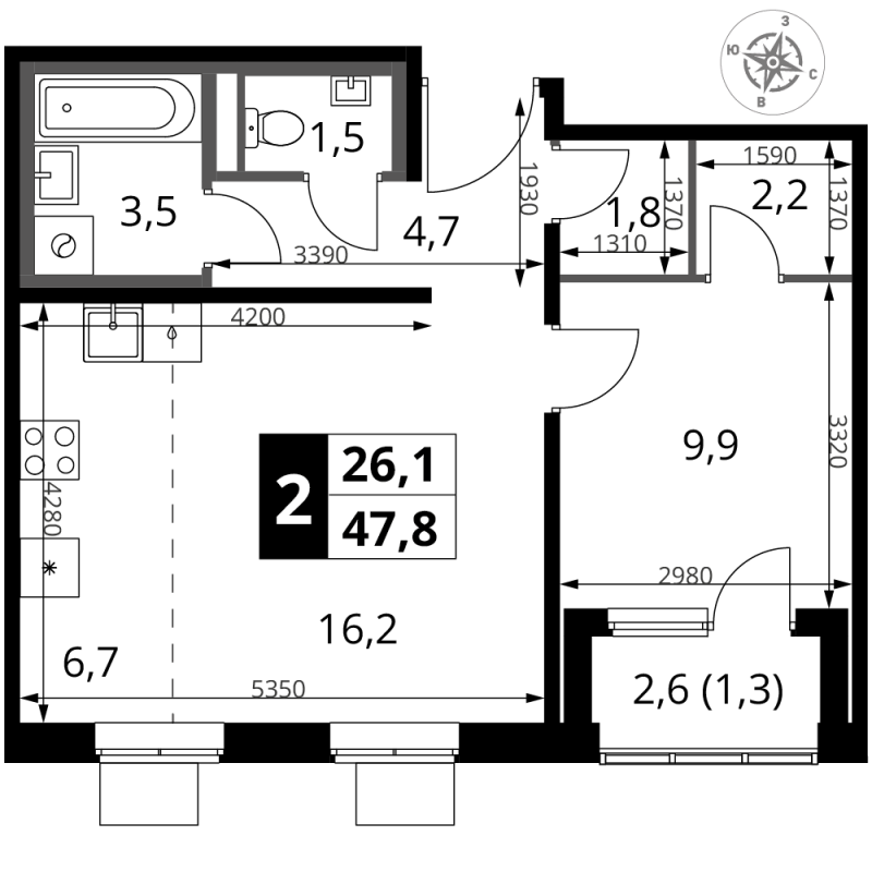 2 ккв (Евро) 47,8 м²
