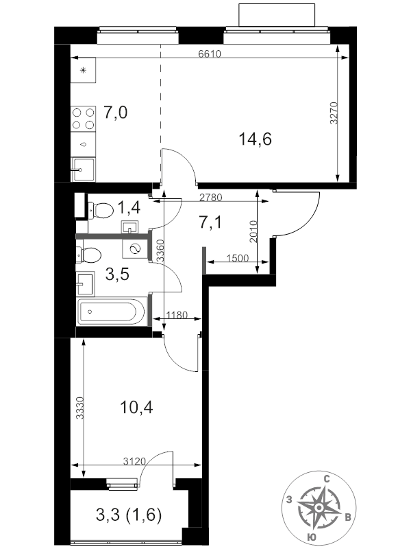 2 ккв (Евро) 45,6 м²
