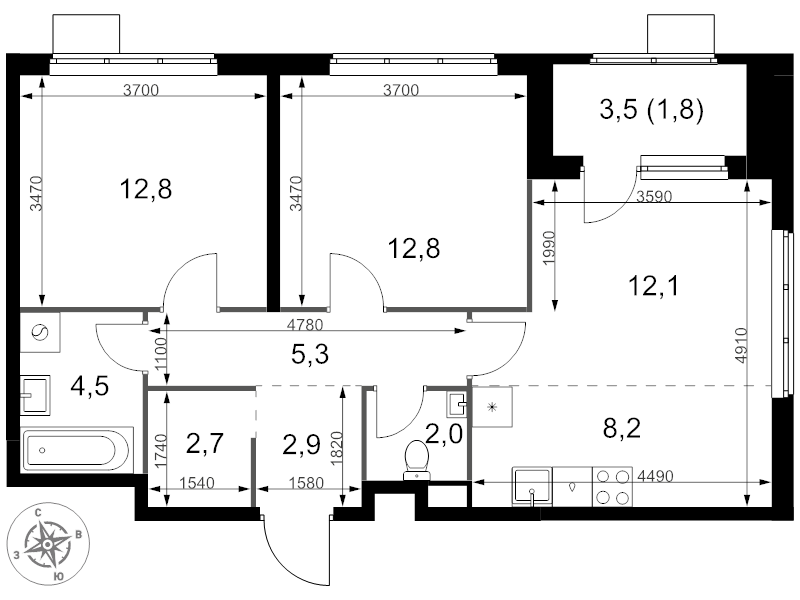 3 ккв (Евро) 65,1 м²
