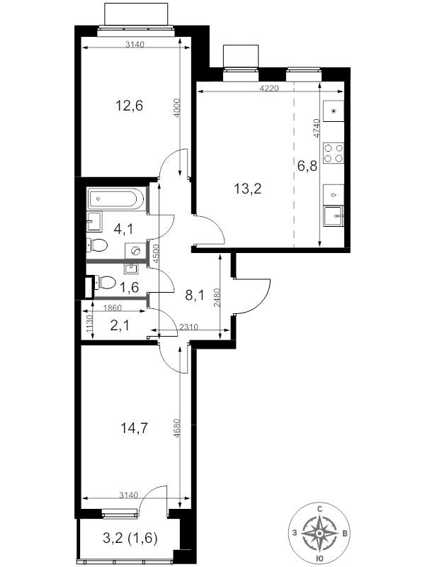 3 ккв (Евро) 64,8 м²