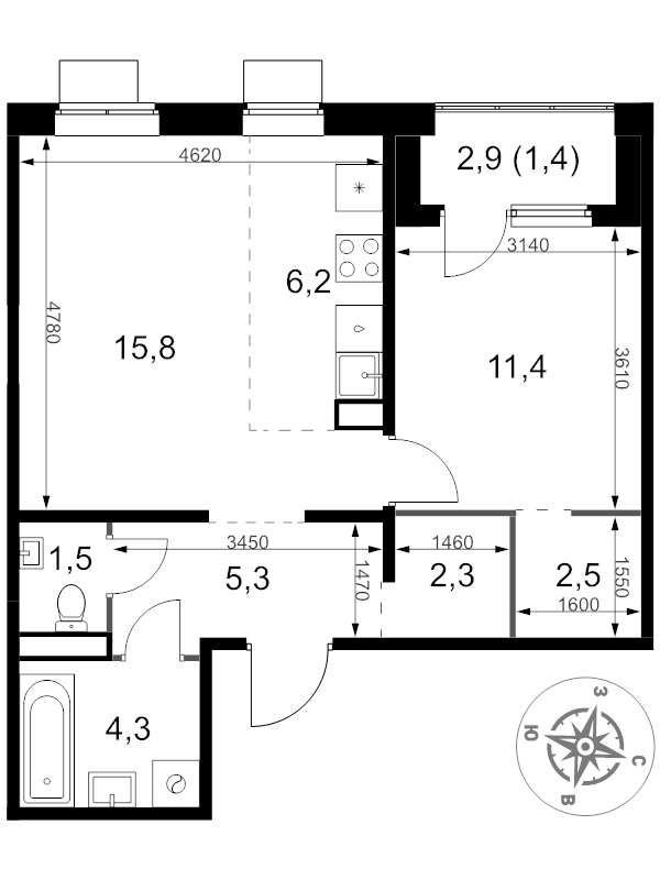 2 ккв (Евро) 50,7 м²