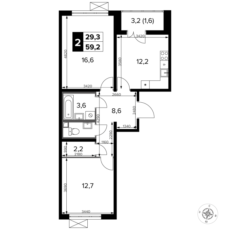 2 ккв 60,2 м²