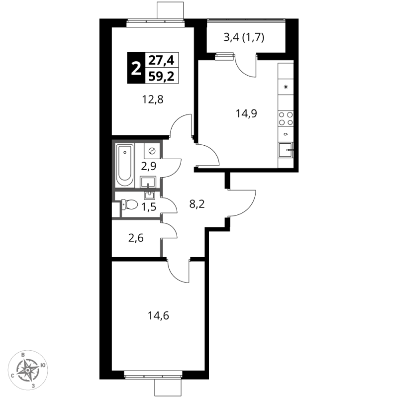 2 ккв 59,2 м²