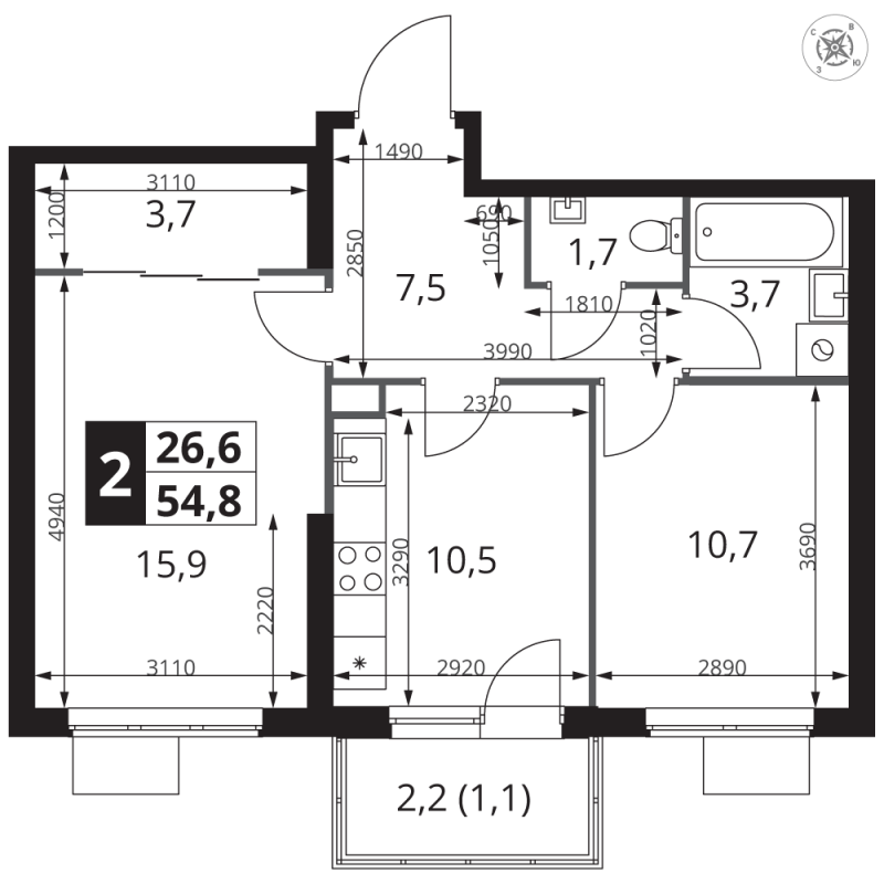2 ккв 54,8 м²