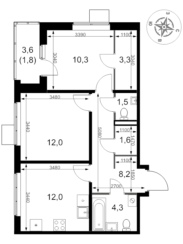 2 ккв 55 м²