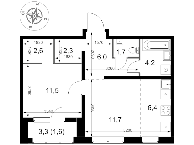 2 ккв (Евро) 48 м²