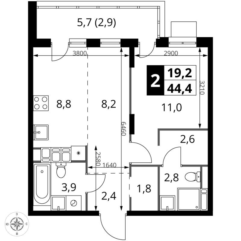2 ккв (Евро) 44,4 м²