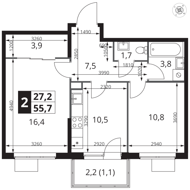 2 ккв 55,7 м²