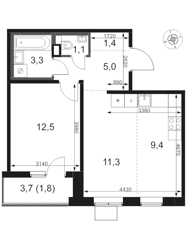 2 ккв (Евро) 45,8 м²