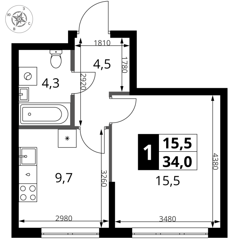 1 ккв 34,5 м²