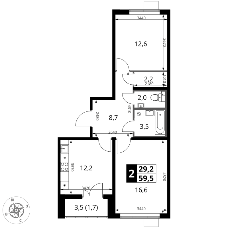2 ккв 59,4 м²