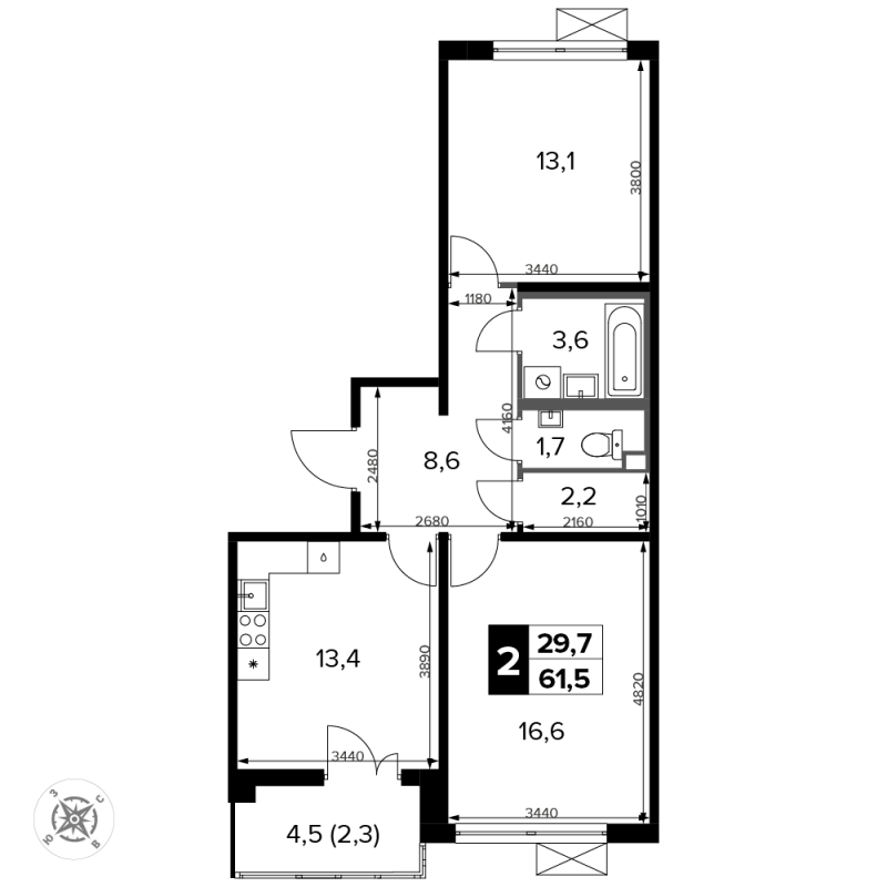 2 ккв 61,4 м²