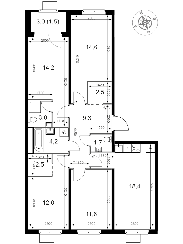5 ккв (Евро) 95,5 м²