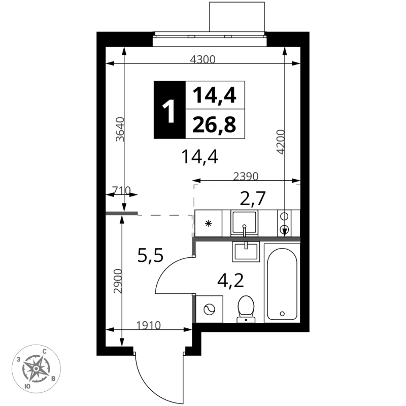 Студия 26,8 м²