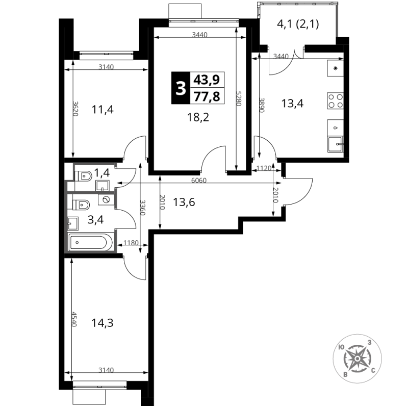 3 ккв 77,9 м²