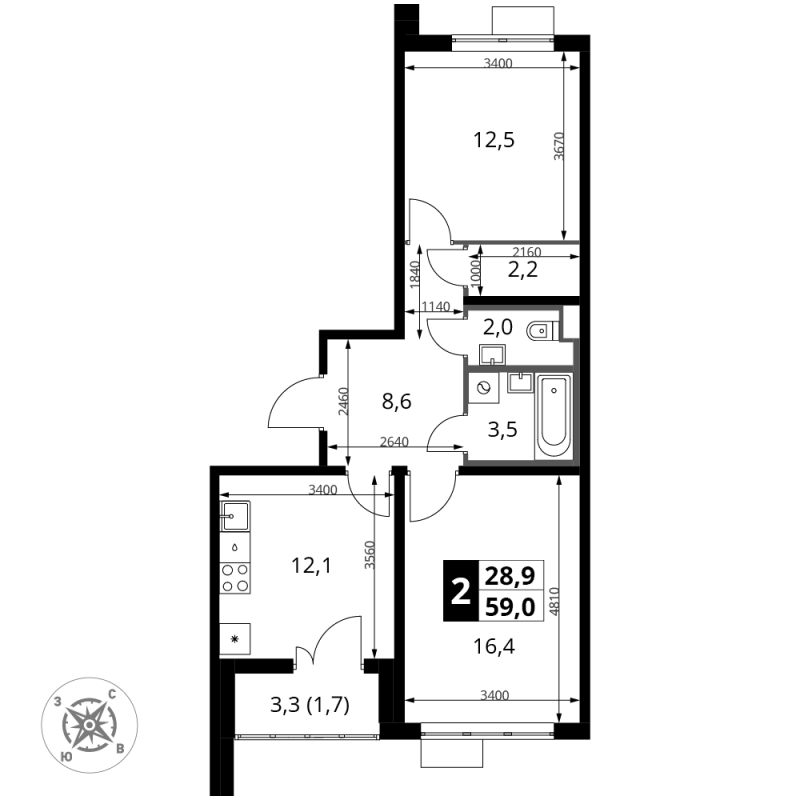 2 ккв 59 м²
